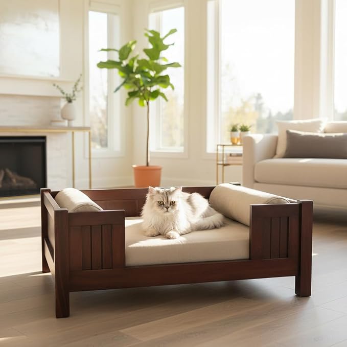 Luxury Mahogany Wood Pet Bed with Removable Micro-Suede Cushion & Pillow Elegant Handmade Wooden Pet Furniture for Dogs & Cats