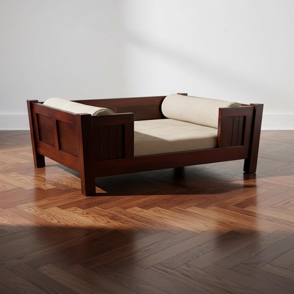 Luxury Mahogany Wood Pet Bed with Removable Micro-Suede Cushion & Pillow Elegant Handmade Wooden Pet Furniture for Dogs & Cats