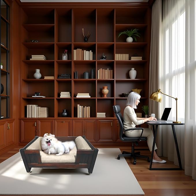 Luxury Mahogany Wood Pet Bed with Removable Micro-Suede Cushion & Pillow Elegant Handmade Wooden Pet Furniture for Dogs & Cats