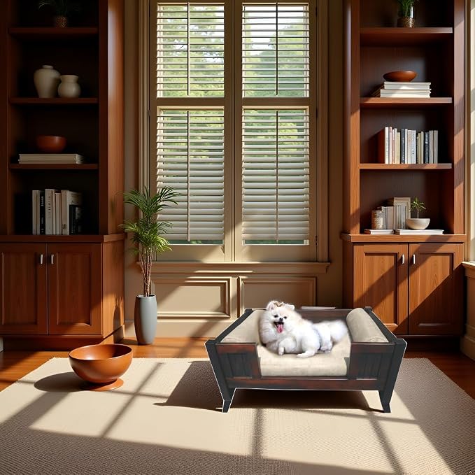 Luxury Mahogany Wood Pet Bed with Removable Micro-Suede Cushion & Pillow Elegant Handmade Wooden Pet Furniture for Dogs & Cats