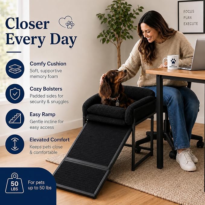 SeatMate Elevated Dog Bed for Home Office, Memory Foam Pet Chair with Ramp for Dogs & Cats, Washable Cozy Desk Companion Bed, Non-Slip Elevated Pet.
