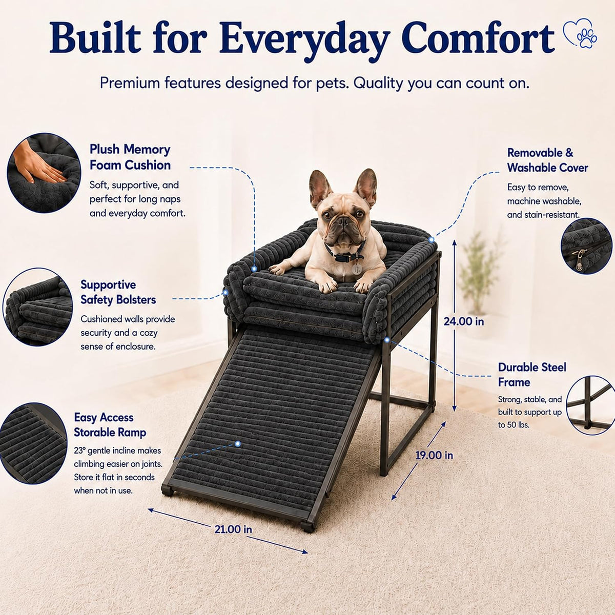 SeatMate Elevated Dog Bed for Home Office, Memory Foam Pet Chair with Ramp for Dogs & Cats, Washable Cozy Desk Companion Bed, Non-Slip Elevated Pet.
