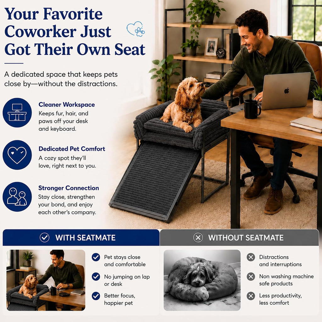 SeatMate Elevated Dog Bed for Home Office, Memory Foam Pet Chair with Ramp for Dogs & Cats, Washable Cozy Desk Companion Bed, Non-Slip Elevated Pet.