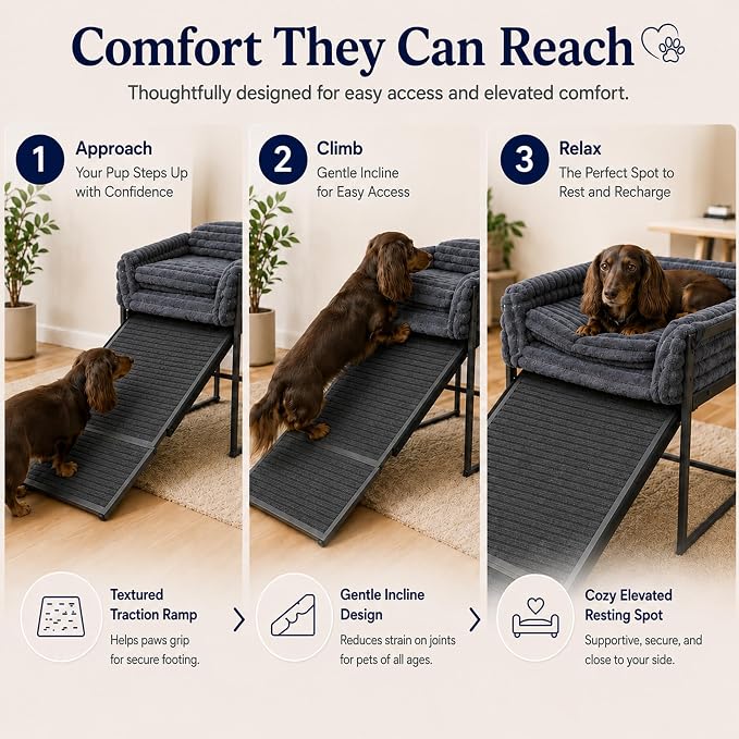 SeatMate Elevated Dog Bed for Home Office, Memory Foam Pet Chair with Ramp for Dogs & Cats, Washable Cozy Desk Companion Bed, Non-Slip Elevated Pet.